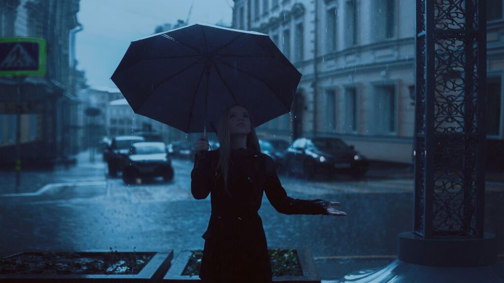 girl, umbrella, rain, nature, park, autumn, blue, rainy day, blue rain, blue park, blue umbrella