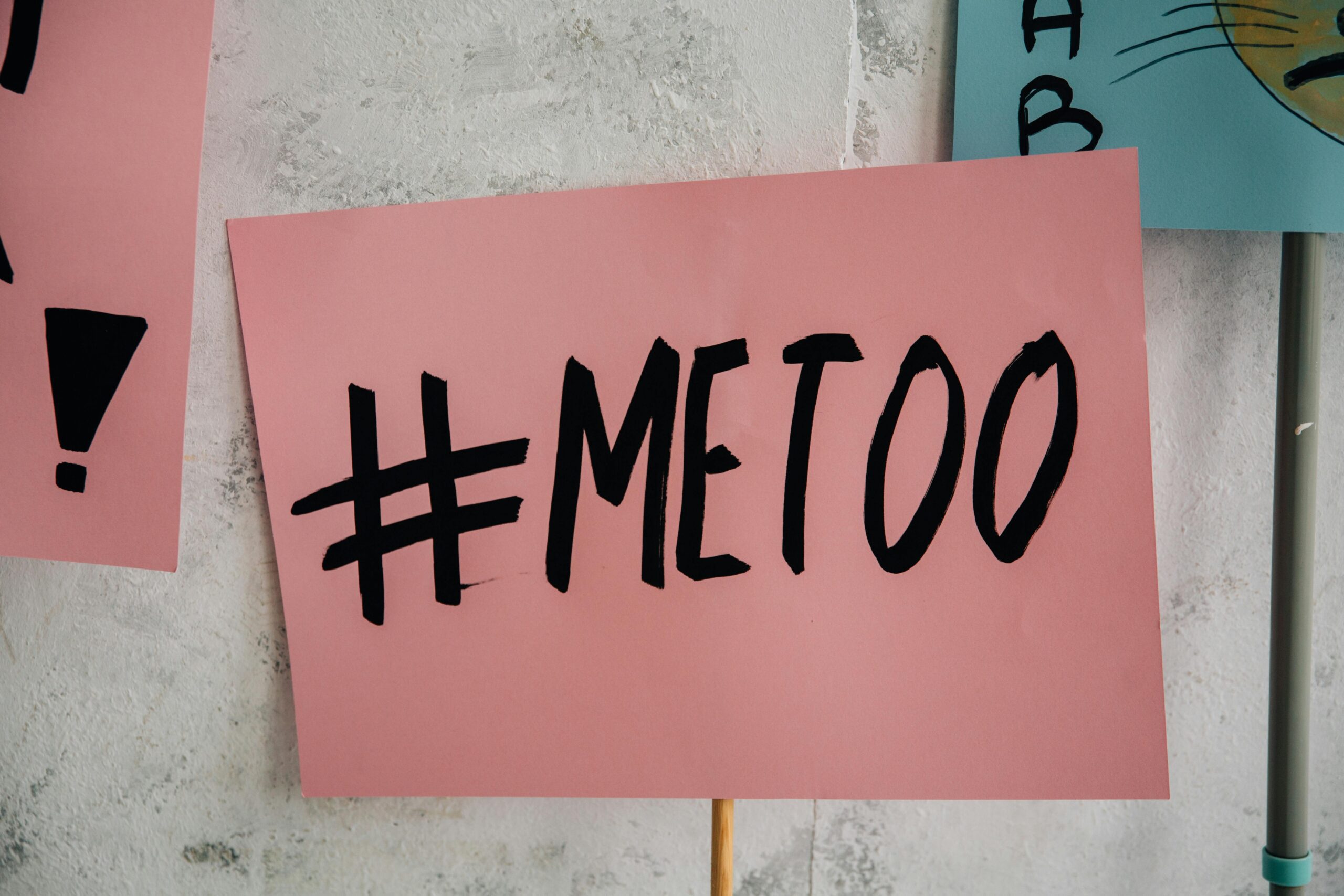 A close-up of a pink protest sign featuring the "#MeToo" message.